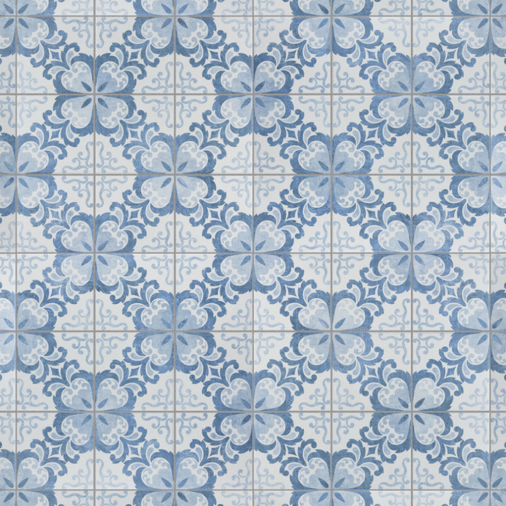 Harmonia Classic Ceramic Floor and Wall Tile, Floral Lattice Blue