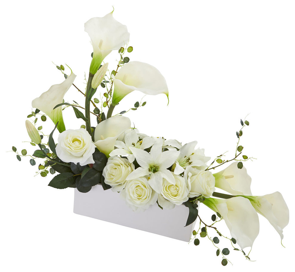 Nearly Natural Mixed Lily and Rose Artificial Arrangement White