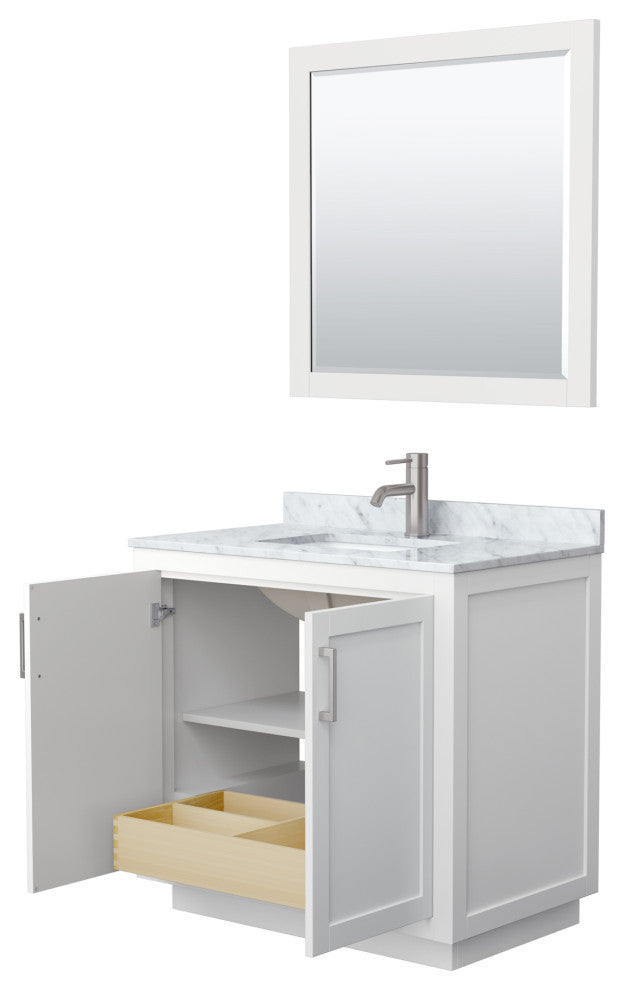 36"SGL Bathroom Vanity White, Carrara Countertop, Sink, Nickel Trim, 34" Mirror