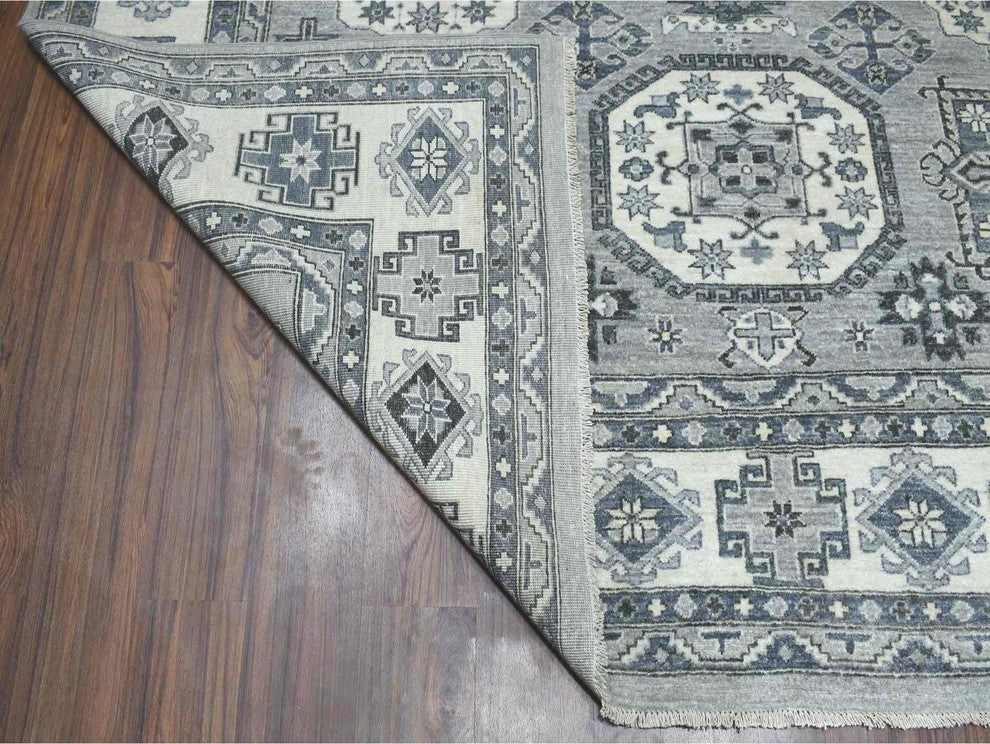 Gray Pure Wool Handknotted Peshawar With Karajeh Design Oriental Rug,8'0"x10'0"