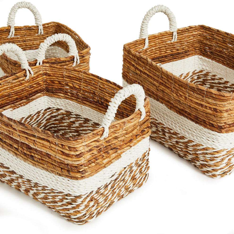 Set 3 Coastal Casual Natural Raffia Wide White Stripe Tote Baskets Handle Large