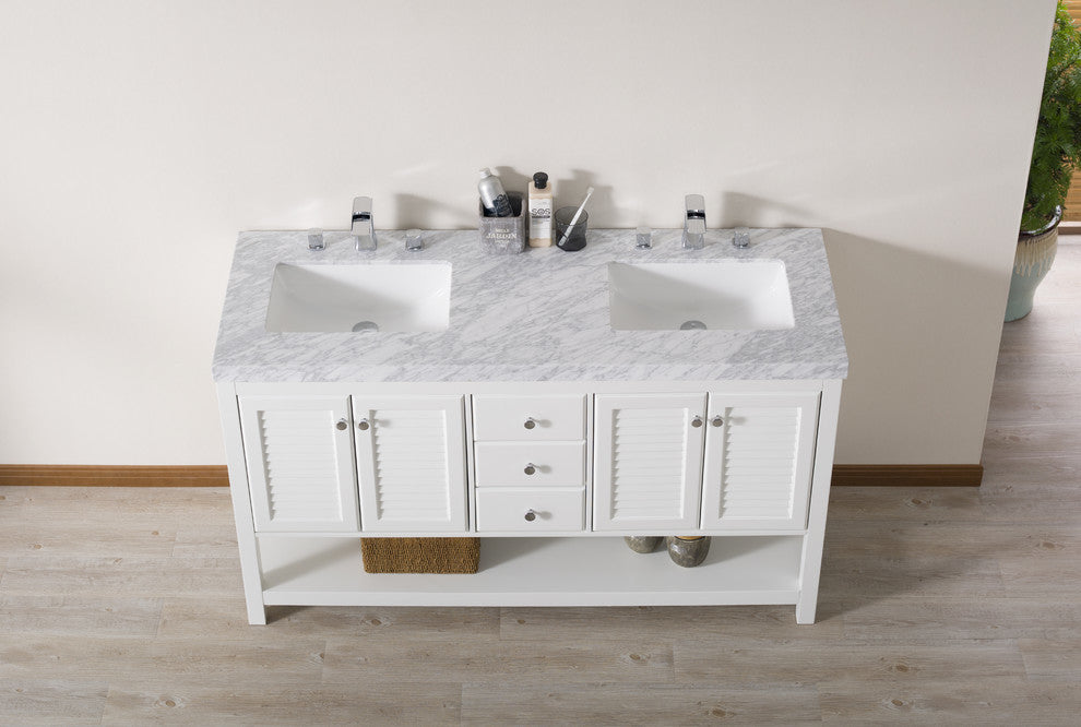 Stufurhome Luthor 60" White Double Sink Bathroom Vanity, Without Faucet