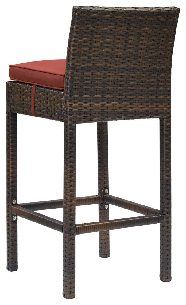 Modern Outdoor Patio Bar Stool Chair, Set of Four, Fabric Rattan, Brown Red