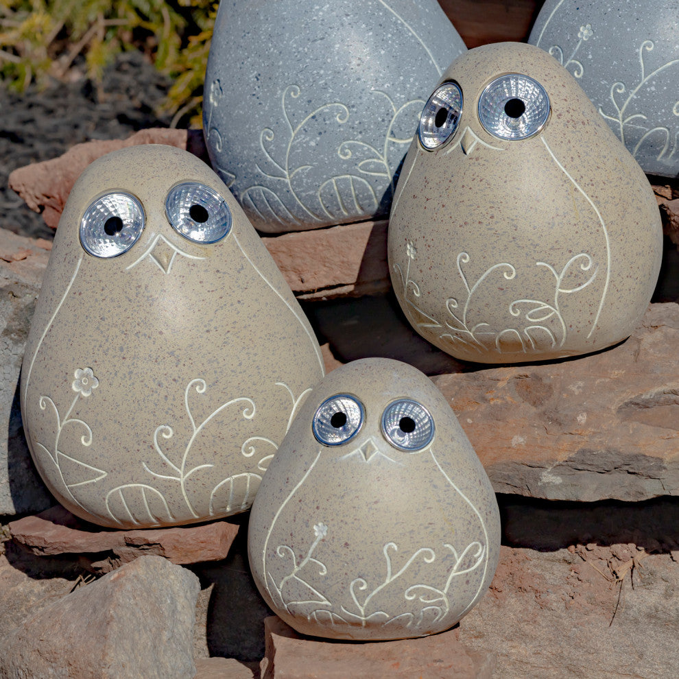 Set of 3 Solar Rock Birds With Floral Etching, Antique Beige