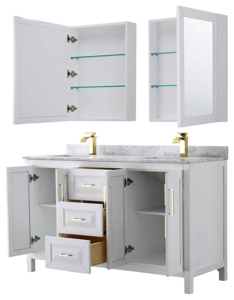 60"DBL Bathroom Vanity White, Carrara Countertop, Sinks, Med.Cabinets, Gold Trim
