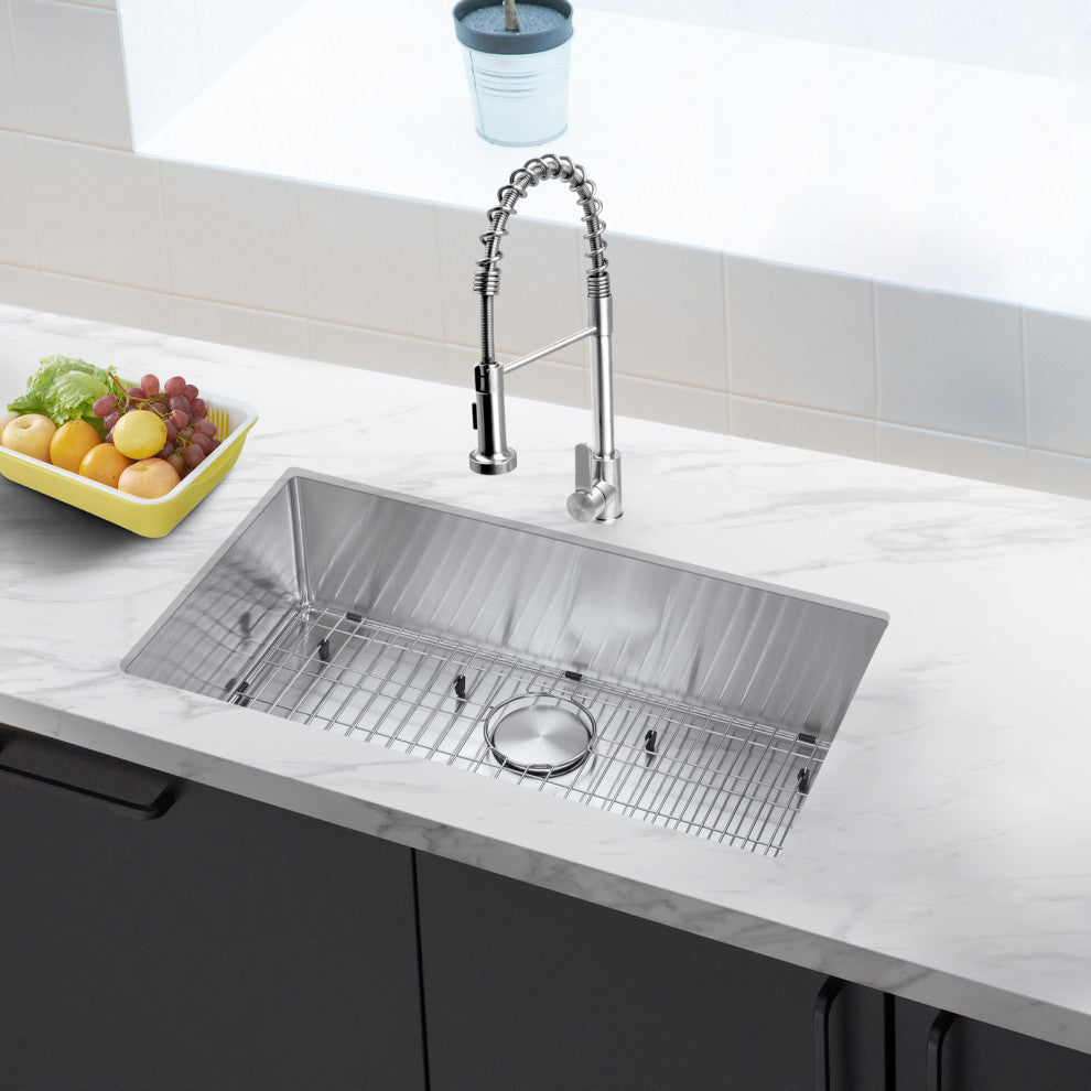32"Undermount Kitchen Sink and Faucet  Drain AssemblyandStrainer, Bottom Grid