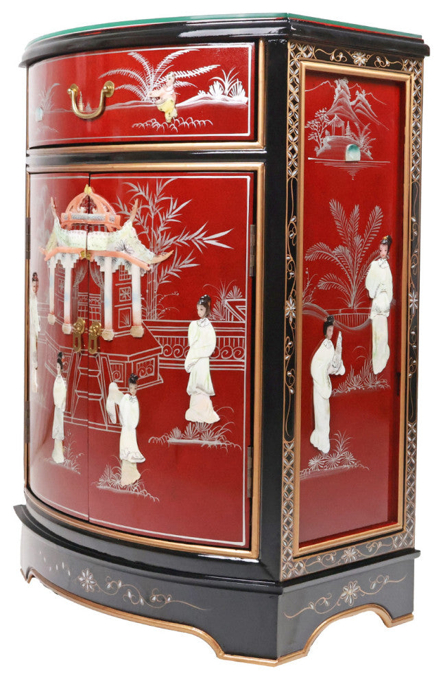 French Red Oriental Round Front Hall Cabinet