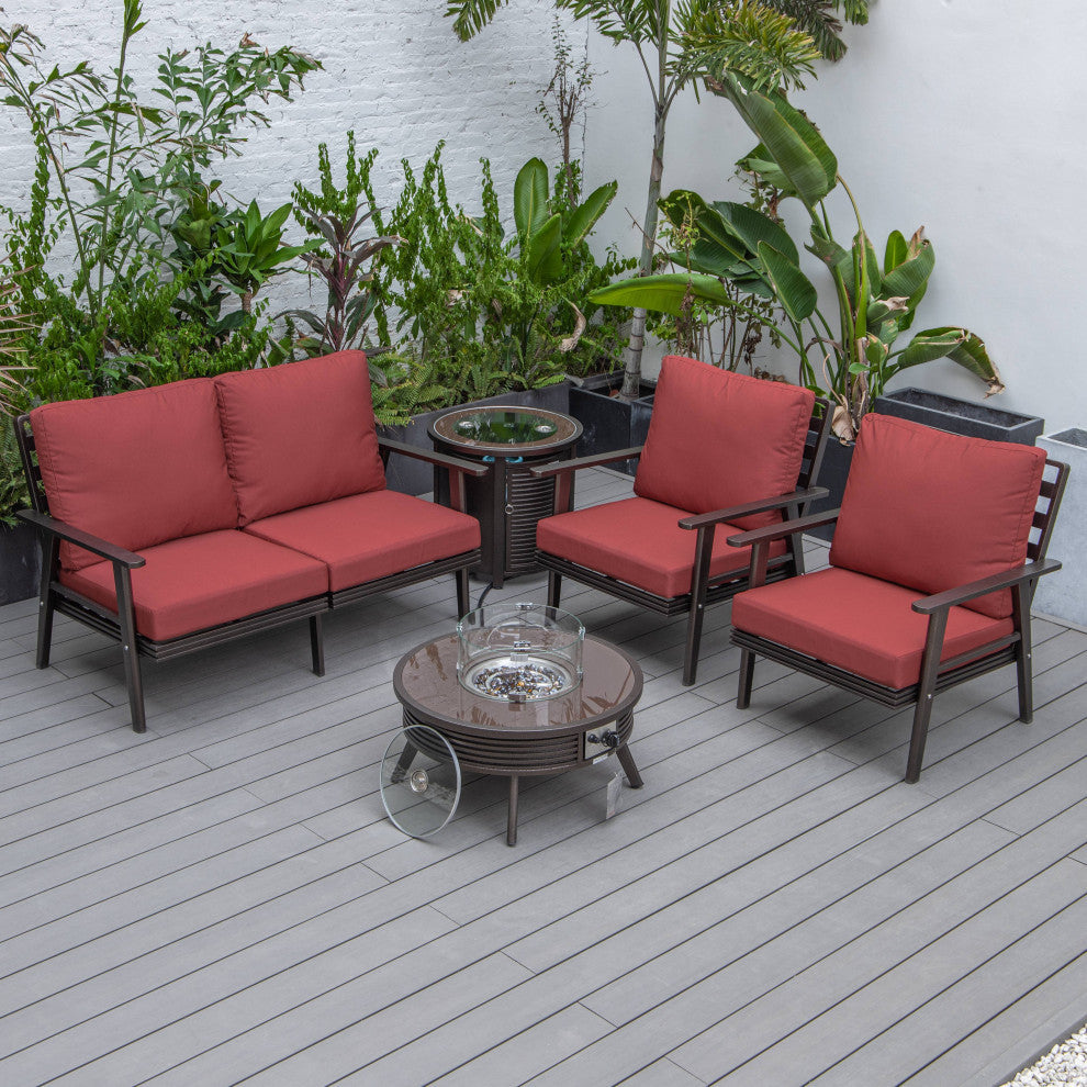 LeisureMod Walbrooke Patio Conversation Set With Fire Pit Table, Red