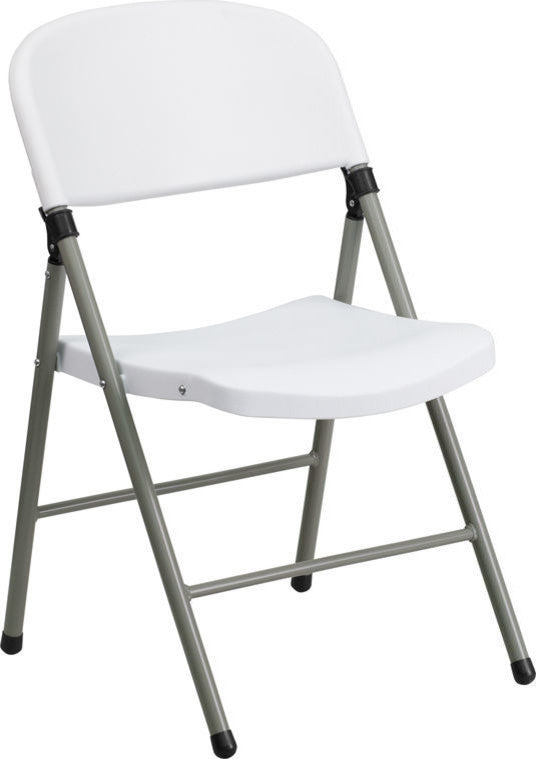 HERCULES Series 330 lb. Capacity White Plastic Folding Chair With Gray Frame