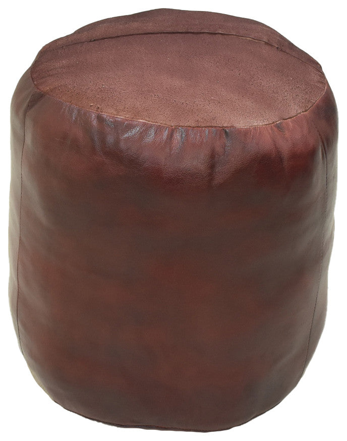 Pouf-Solid Handmade Leather Pouf (Recycled Foam with Fiber Fill), Cherry, [Round} 18x18x18