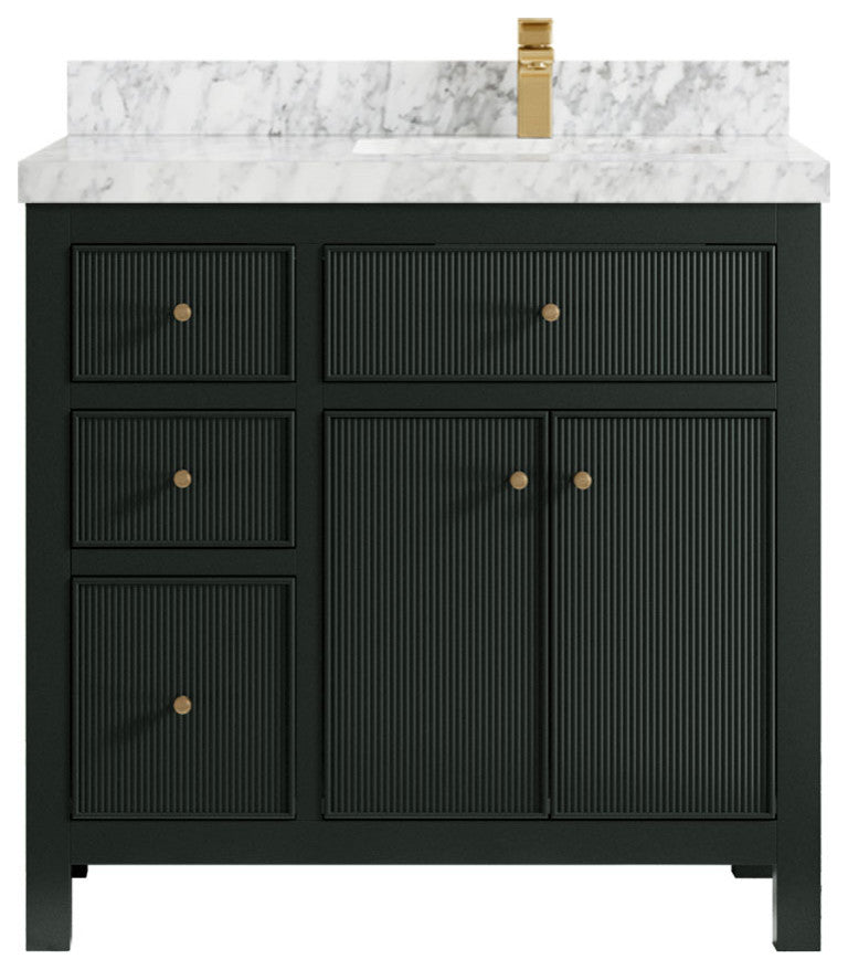 Sonoma 36 Right Offset Bath Vanity in Dark Forest Green with 2" Carrara Marble