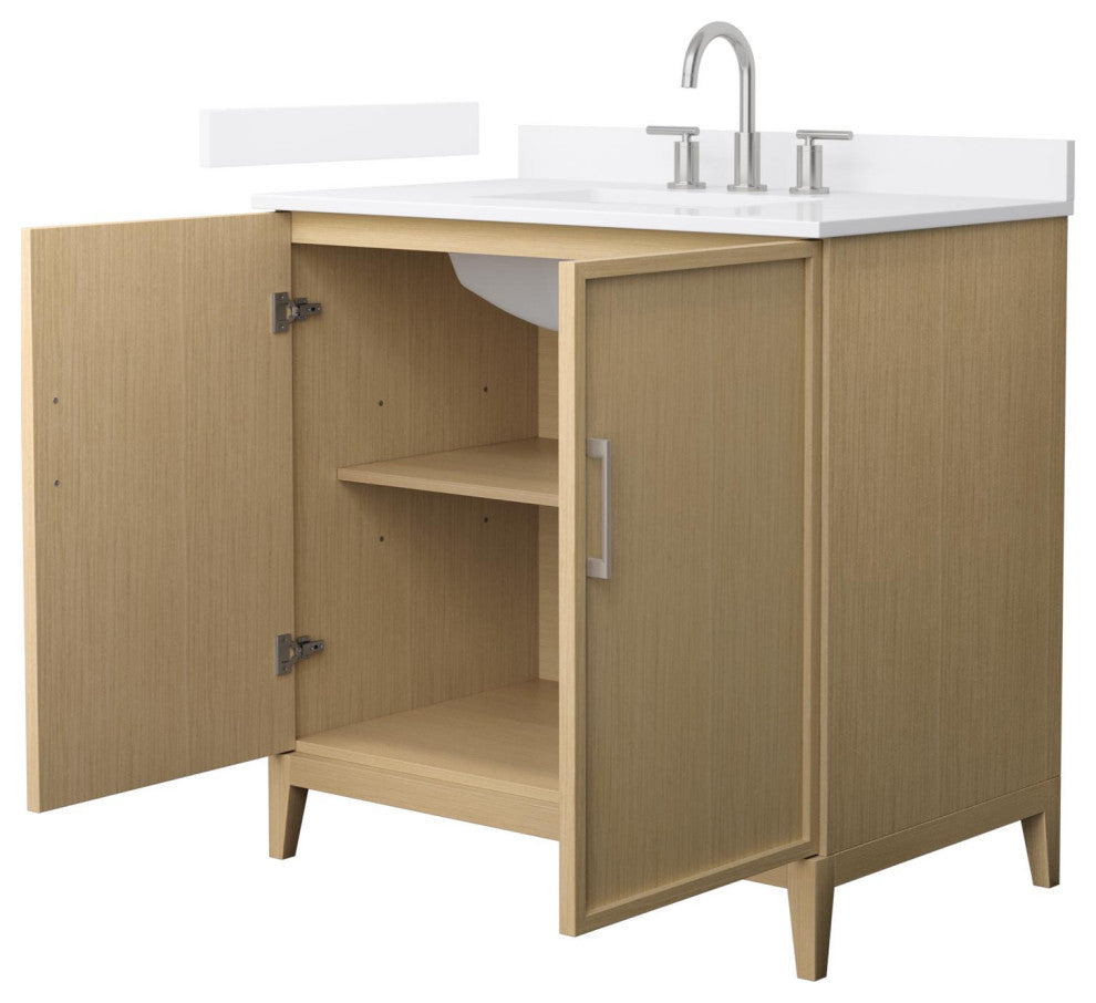 Elan 36" Single Vanity, White Oak, White Quartz Top, 3-Hole, Nickel Trim