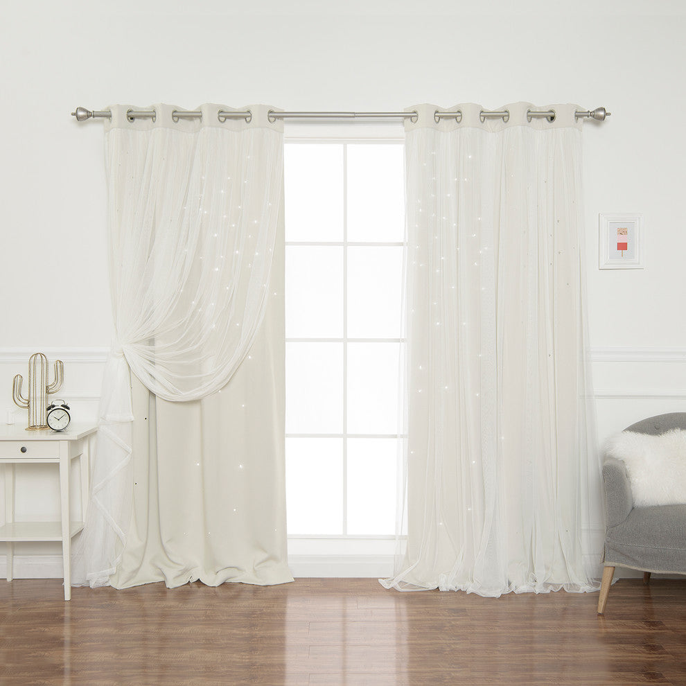 Tulle Overlay Star Cut Out Blackout Curtains, Biscuit, 52" W X 84" L