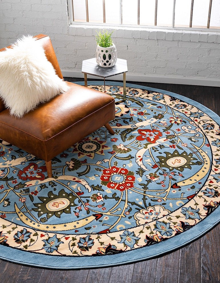Country and Floral Kashan 8' Round Lagoon Area Rug