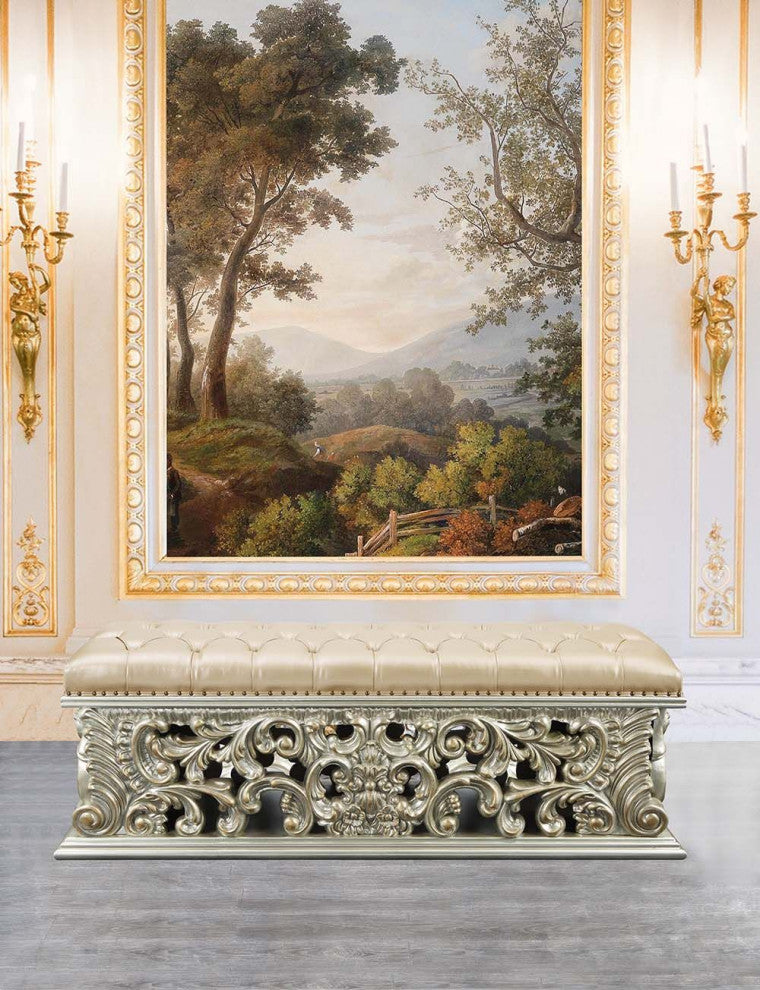 Faux Leather Upholstered Bench, Antique Gold Finish