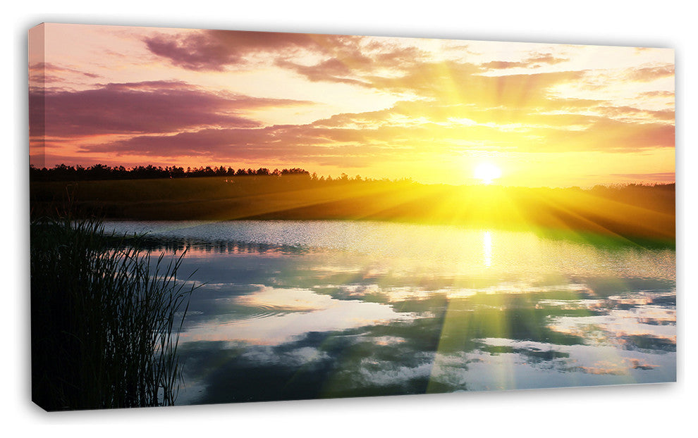 Bright Yellow Sunrise over Lake, Large Seashore Canvas Print, 32"x16"