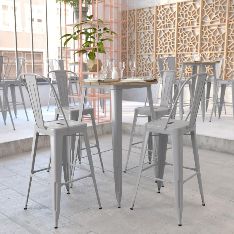 Declan Commercial Indoor/Outdoor Round Bar Top Table, 30", Brown/Silver