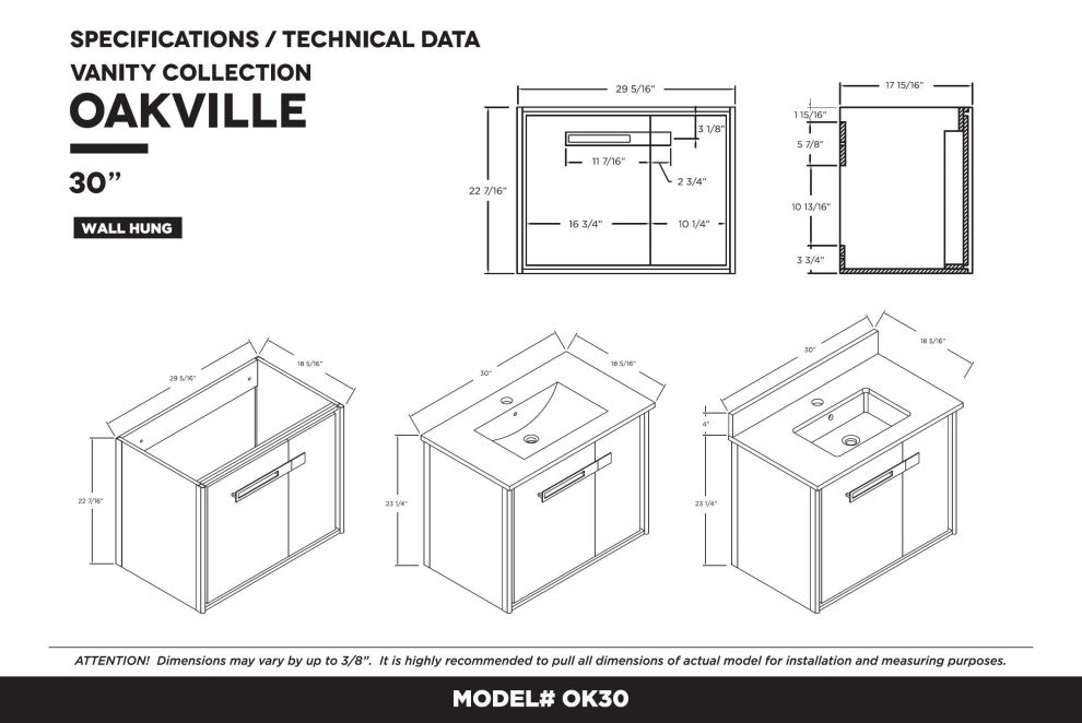 Oakville Wall Mount Bathroom Vanity, Mild Grey Oak, 30", Black Hardware