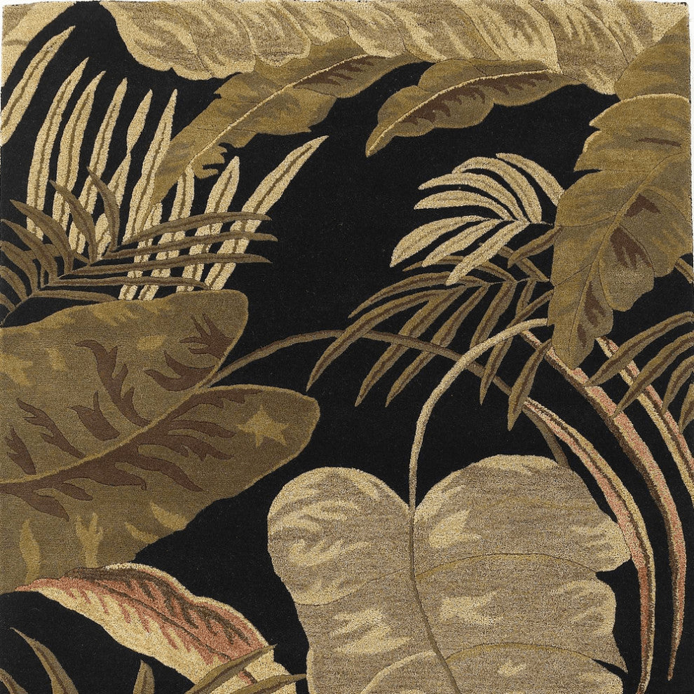5'X8' Midnight Black Hand Tufted Tropical Leaves Indoor Area Rug