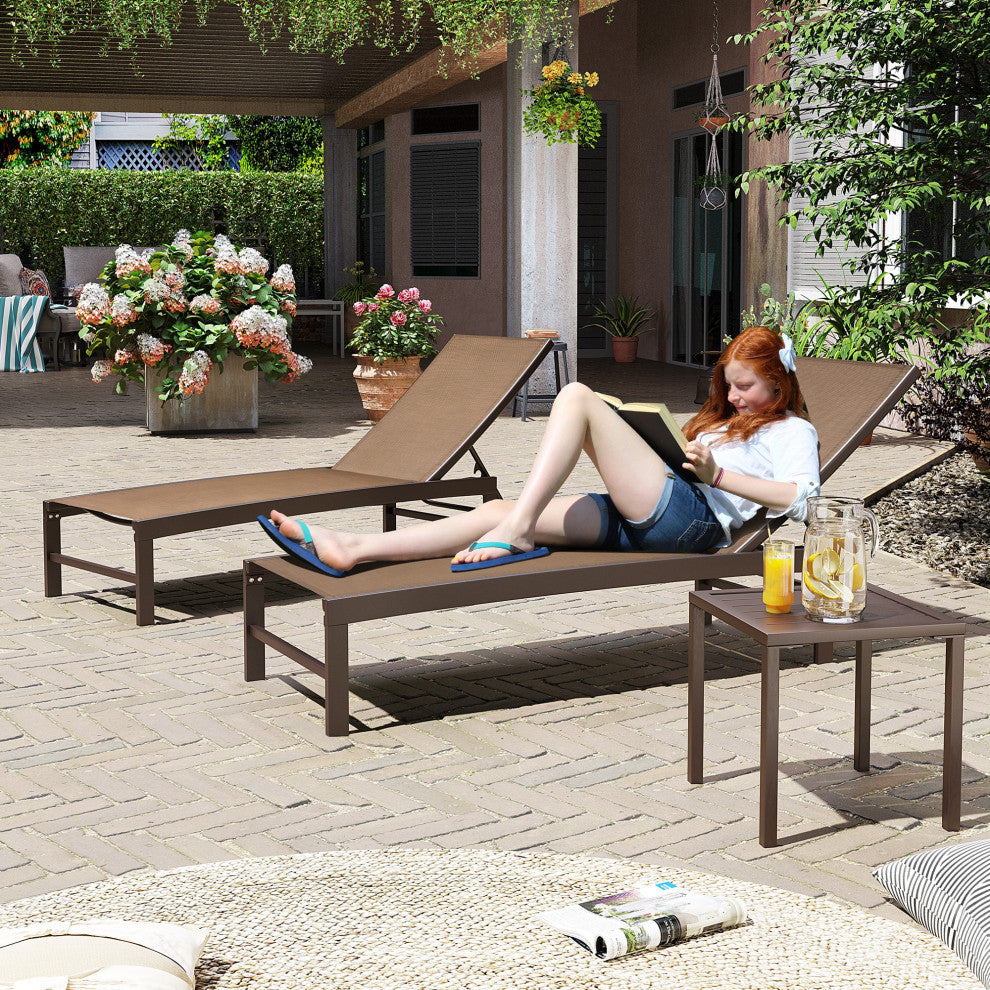 Patio Set Outdoor Aluminum Adjustable Chaise Lounge Chairs and Table Set, Brown