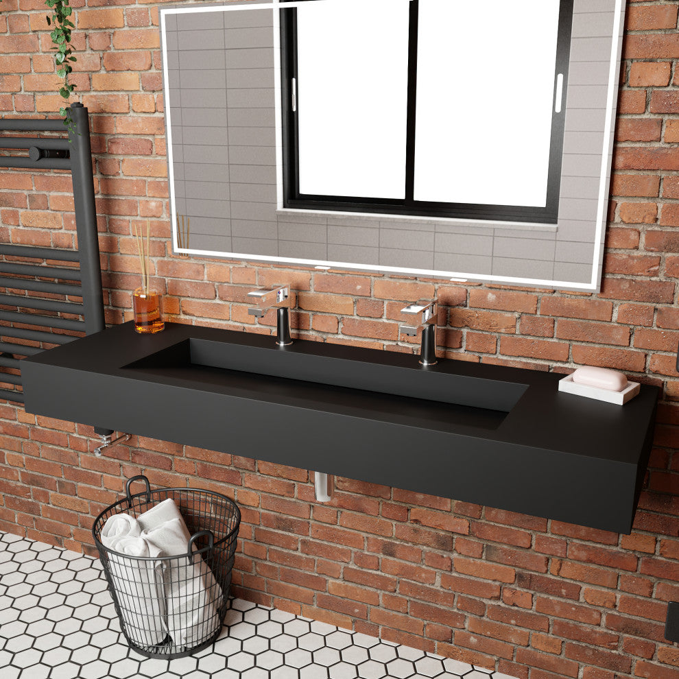 CastelloUSA Pyramid Solid Surface Wall Mounted Ramp Basin Sink, Black, 60", Standard