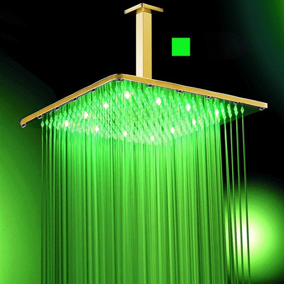 16" Gold Tone Square Multi Color LED Rain Shower Head
