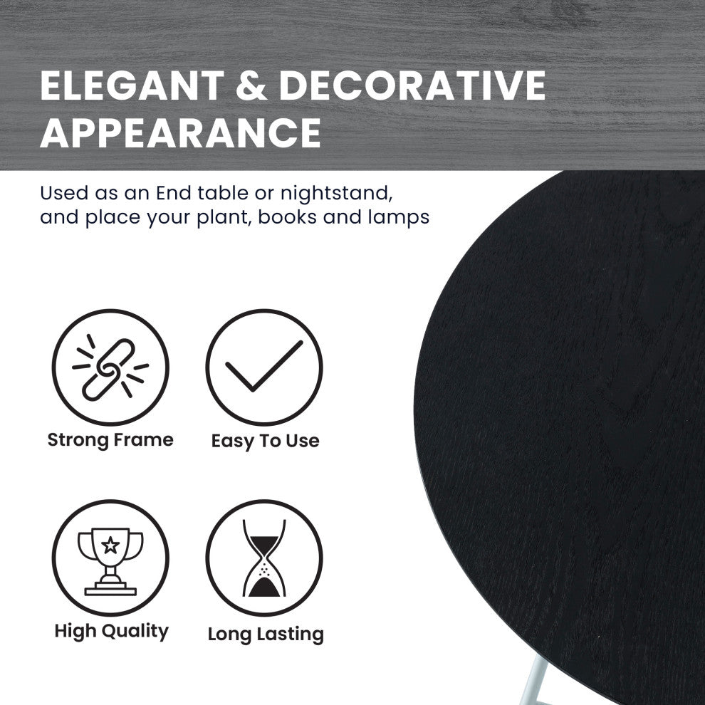 LeisureMod Rossmore Modern Round Side Table With White Steel Frame, Black