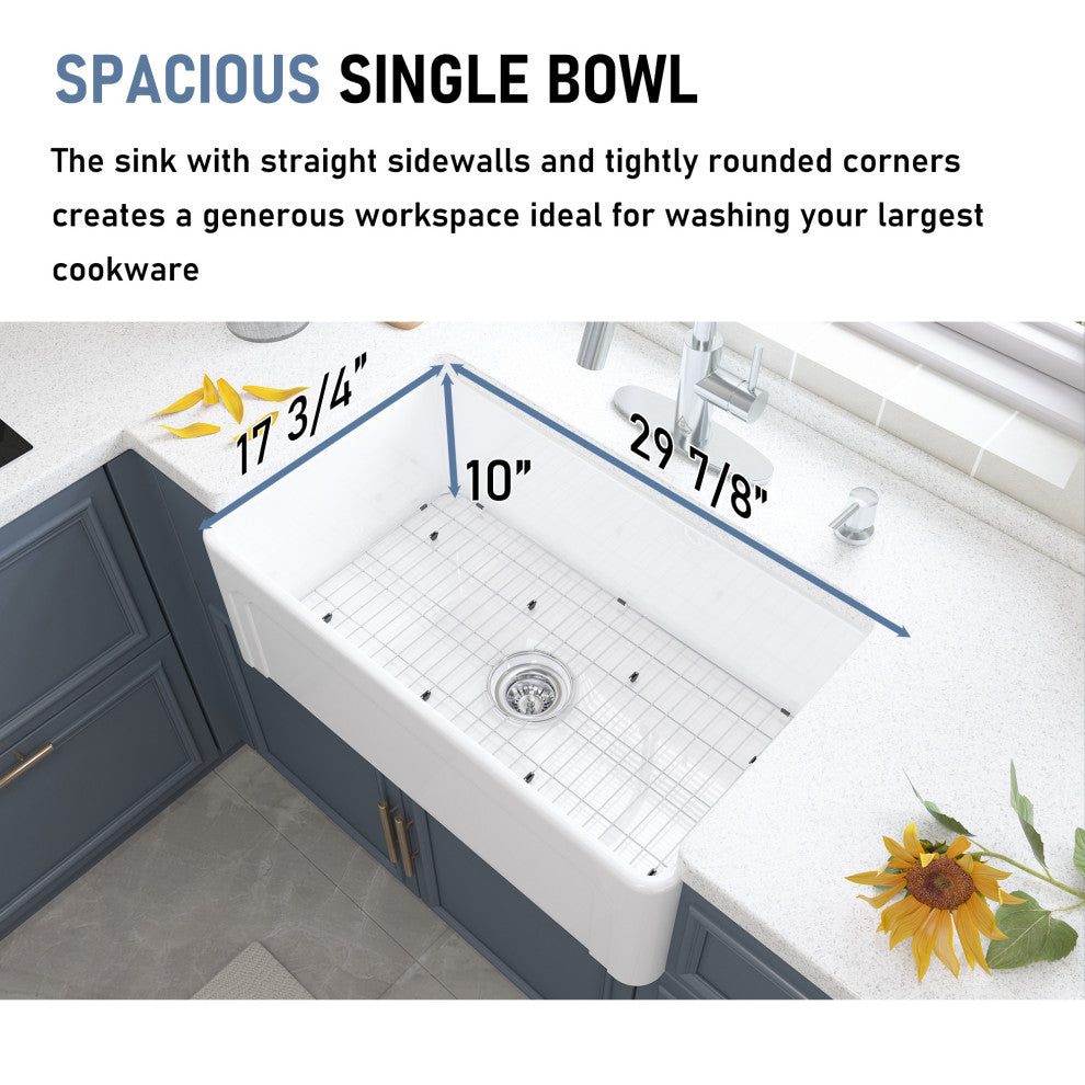30in Single Bowl Farmhouse Apron Kitchen Sink with Bottom Grid and Strainers, 30