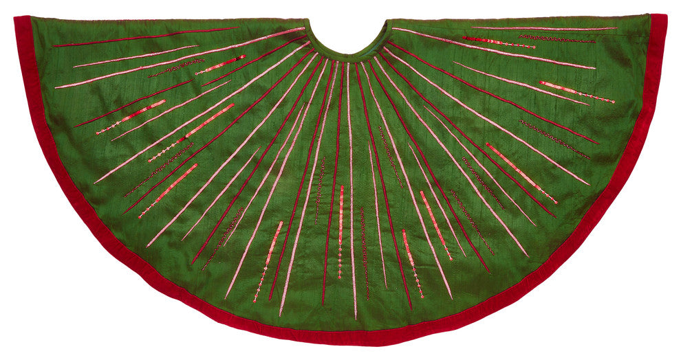 Hand Beaded Starburst Christmas Tree Skirt in Green Silk, 60"