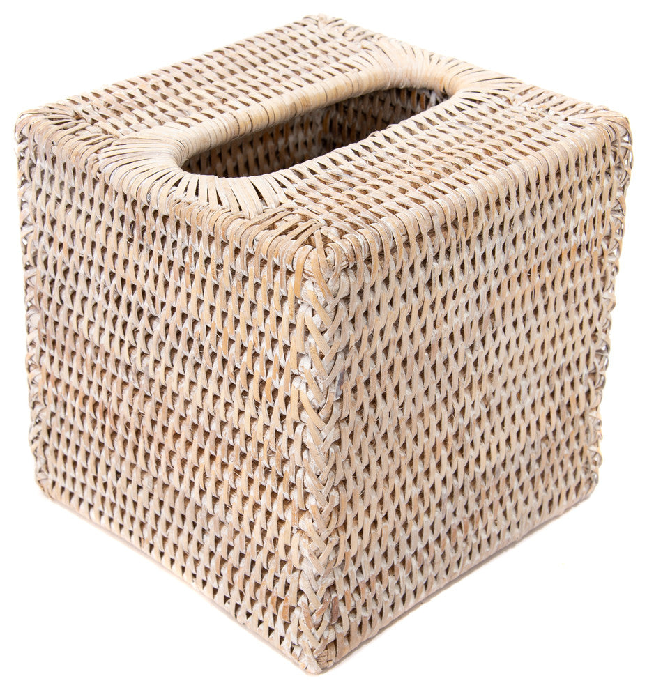 Artifacts Rattan Column Tissue Box Cover, White Wash