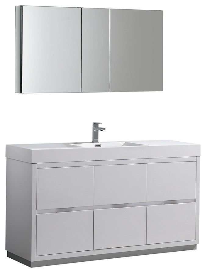 Valencia 60" Glossy White Free Standing Vanity Set, Cabinet, Faucet FFT9161CH