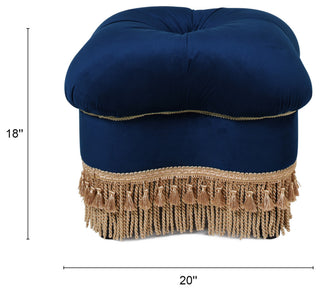 Ellen Tufted Bullion Trim Ottoman, Navy Blue & Gold
