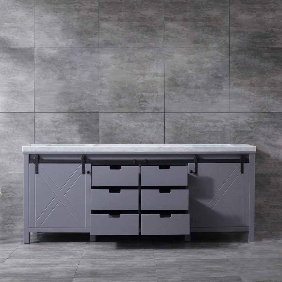 Marsyas 84" Dark Gray Double Vanity, White Marble Top, White Sinks, No Mirror