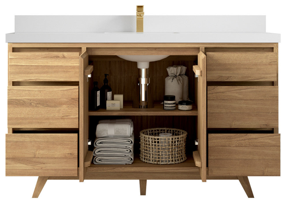 Madison Teak 60 Single Bathroom Vanity in Light Natural 2" White Quartz