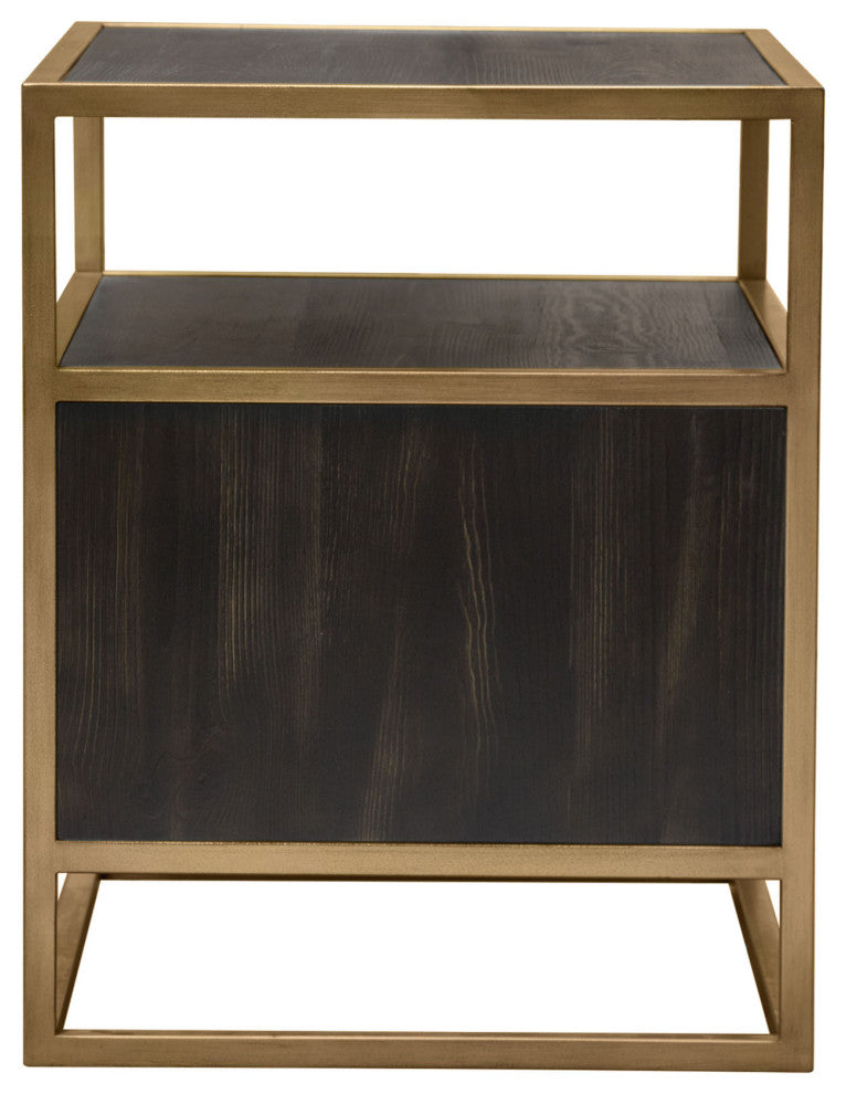 Empire 2-Door End Table, Dark Brown Veneer With Hand brushed Gold Metal Frame