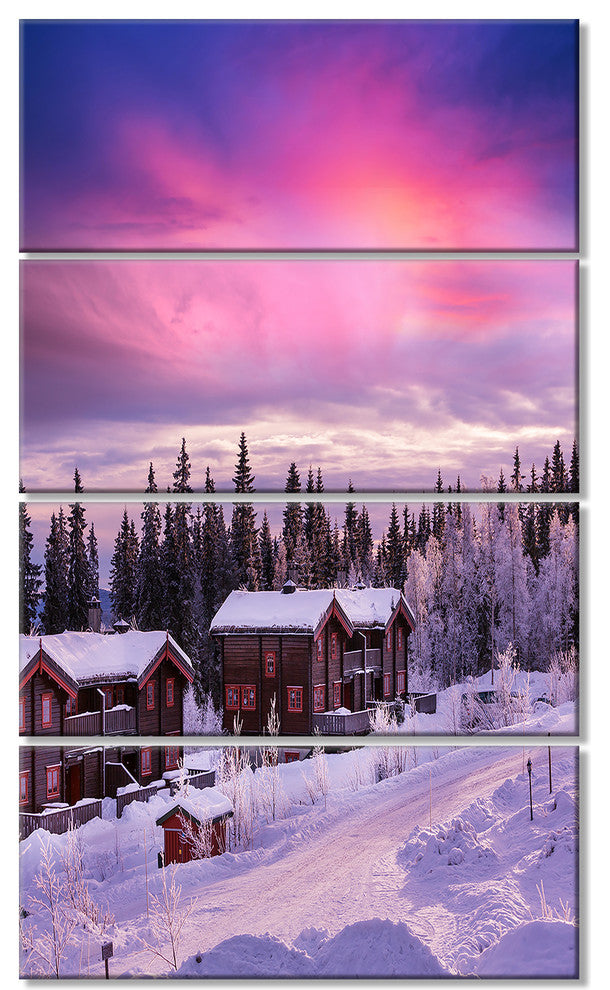 Frosty Winter Resorts in Forest, Landscape Wall Art on Canvas, 28"x48", 4 Panels