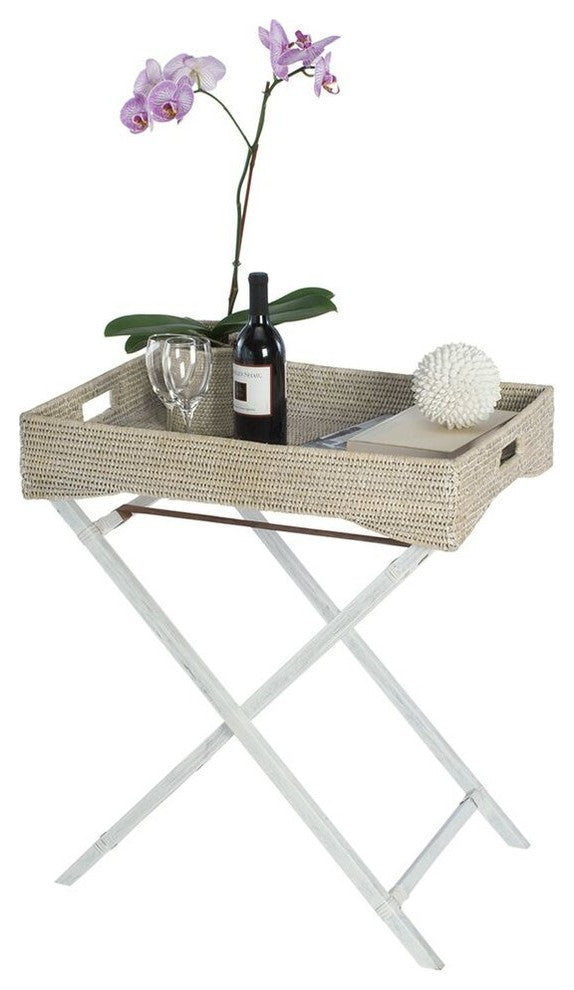 La Jolla Handwoven Rattan Butler Tray With Folding Wood Stand, White-Wash