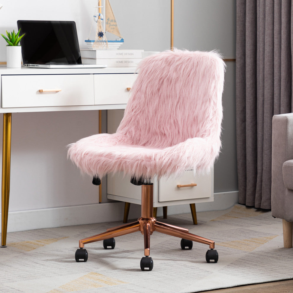 Fluffy Faux Fur Armless Swivel Desk Chair, Pink