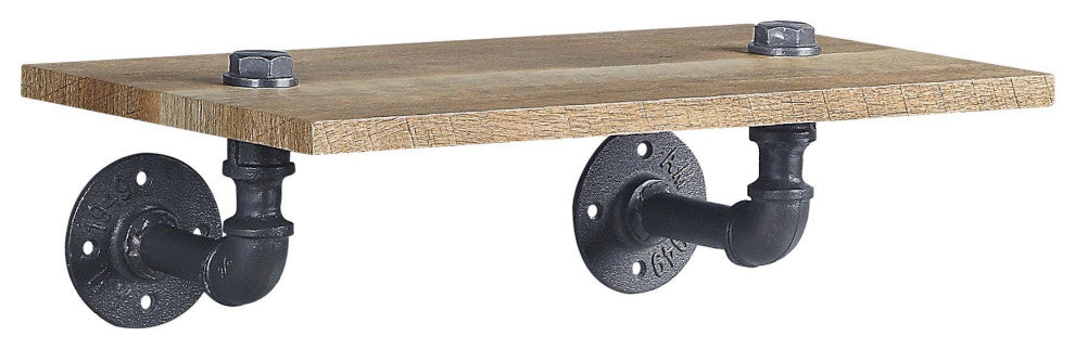 1 Tier Oak Wood Floating Shelf With Metal Tube, Sandy Black