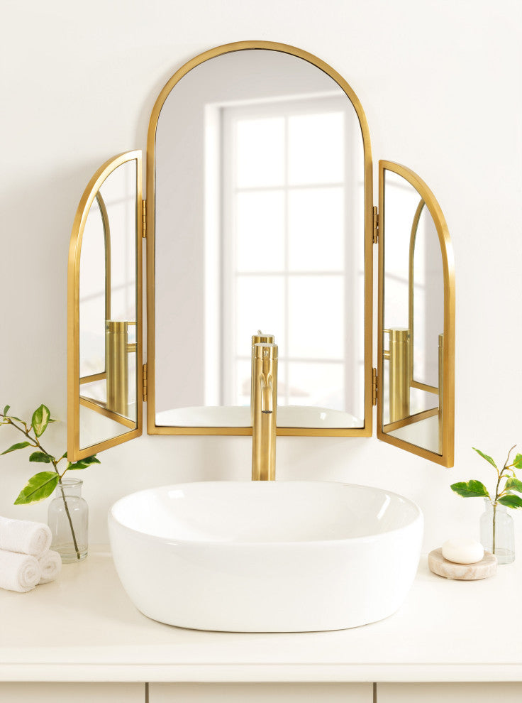 Amoli Tri-Fold Arch Mirror, Gold, 28x28