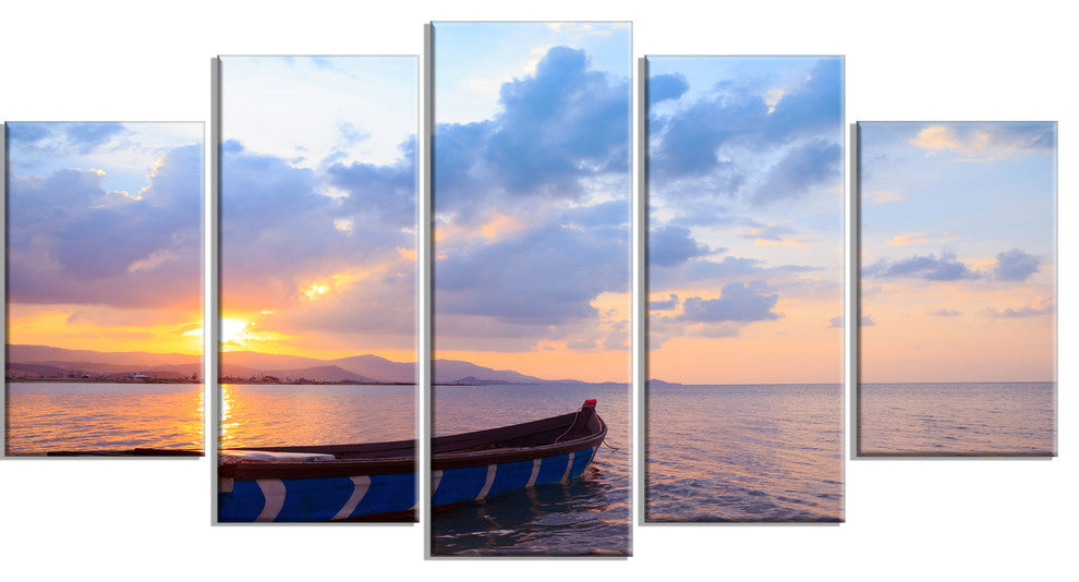 "Small Fishermen Boat At Sunset" Modern Seashore Canvas Art, 5 Panels, 60"x32"