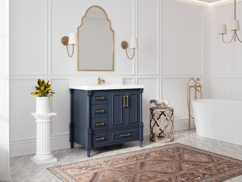 Aberdeen 36 Center Sink Bath Vanity in Hale Navy Blue  2" Pearl Gray