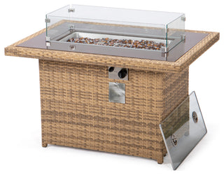 Outdoor Rectangular Fire Pit Table 55,000 BTU Wicker Design, Light Brown