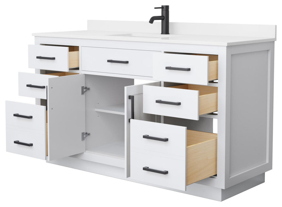 Beckett TK 60" White Single Vanity, White Quartz Top, 1-Hole, Black Trim