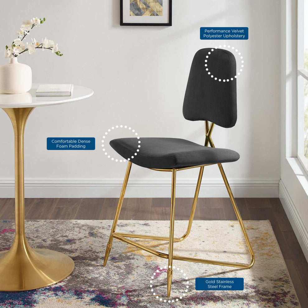 Counter Stool Chair, Set of 2, Velvet, Metal, Black, Modern, Bar Pub Cafe Bistro