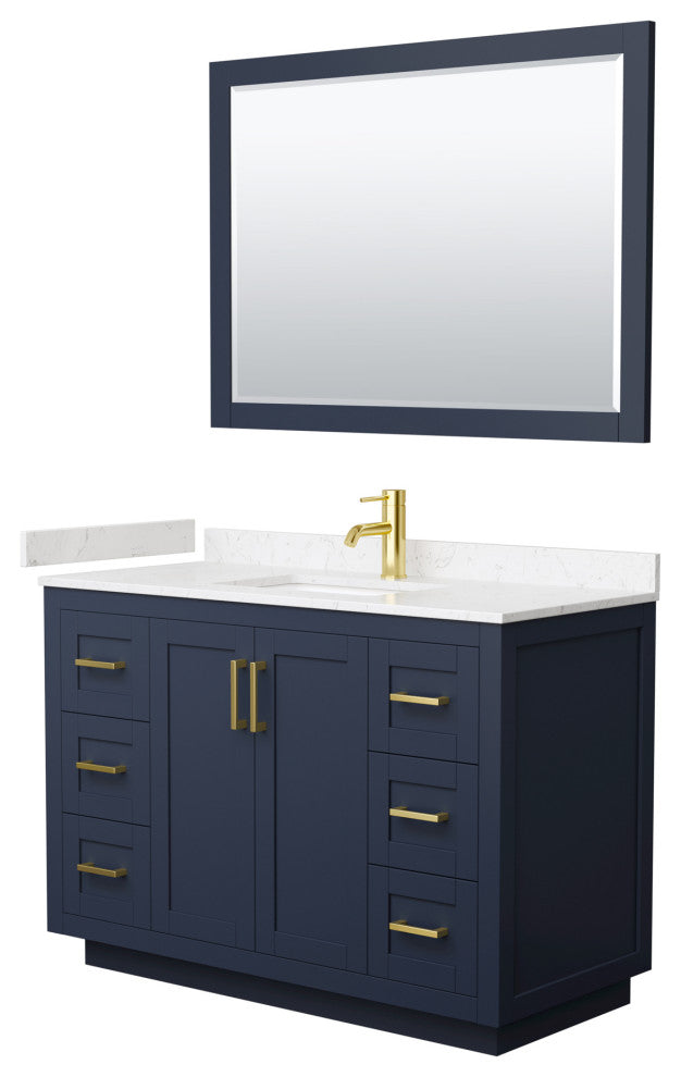 48"SGL Vanity Dark Blue, LV Carrara Cult. Top, Sink, Gold Trim, 46"Mirror