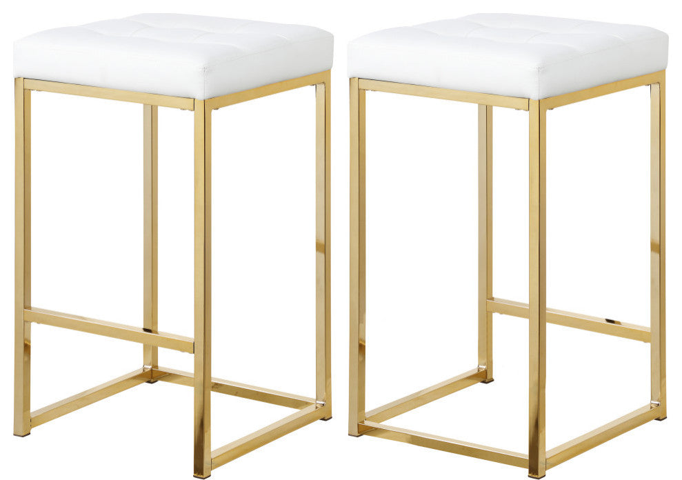 Nicola Counter Stool, Set of 2, White, Vegan Leather, Gold Base