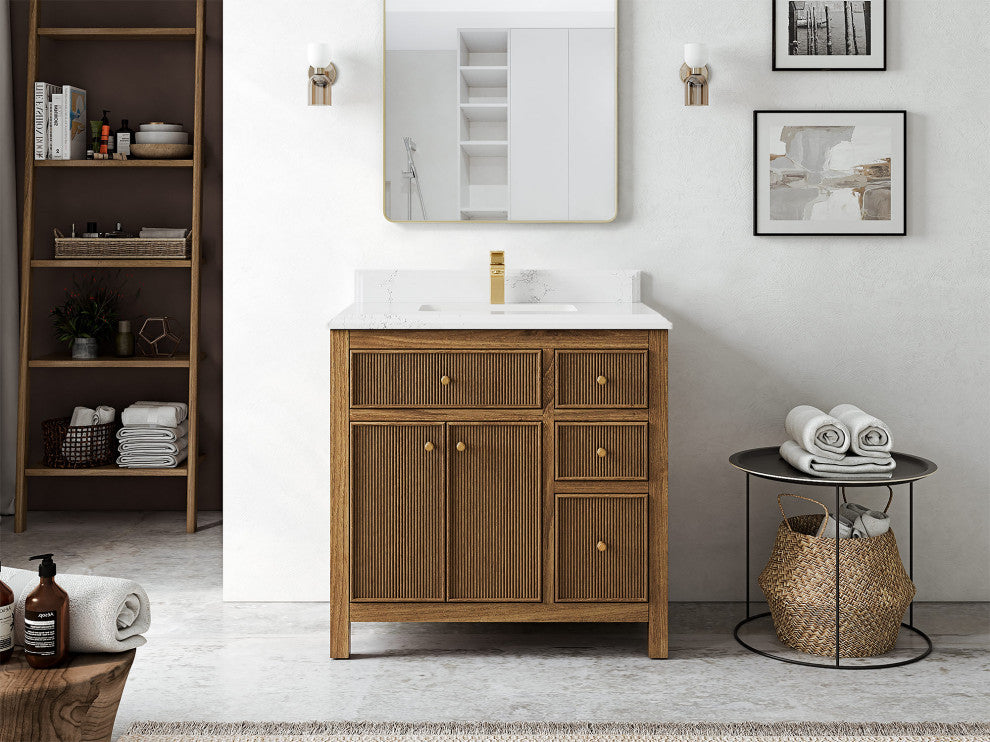 Sonoma Teak 36 Center Sink Bath Vanity in Dark Natural with 1.5" Empira Quartz