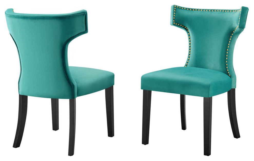 Dining Chair, Nailhead, Set of 2, Teal Blue, Velvet, Modern, Bistro Hospitality