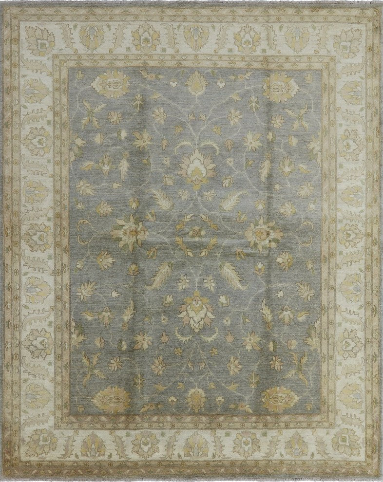 Blue-Gray Oushak Style Chobi Hand-Knotted Wool Oriental Rug, 8'x10'